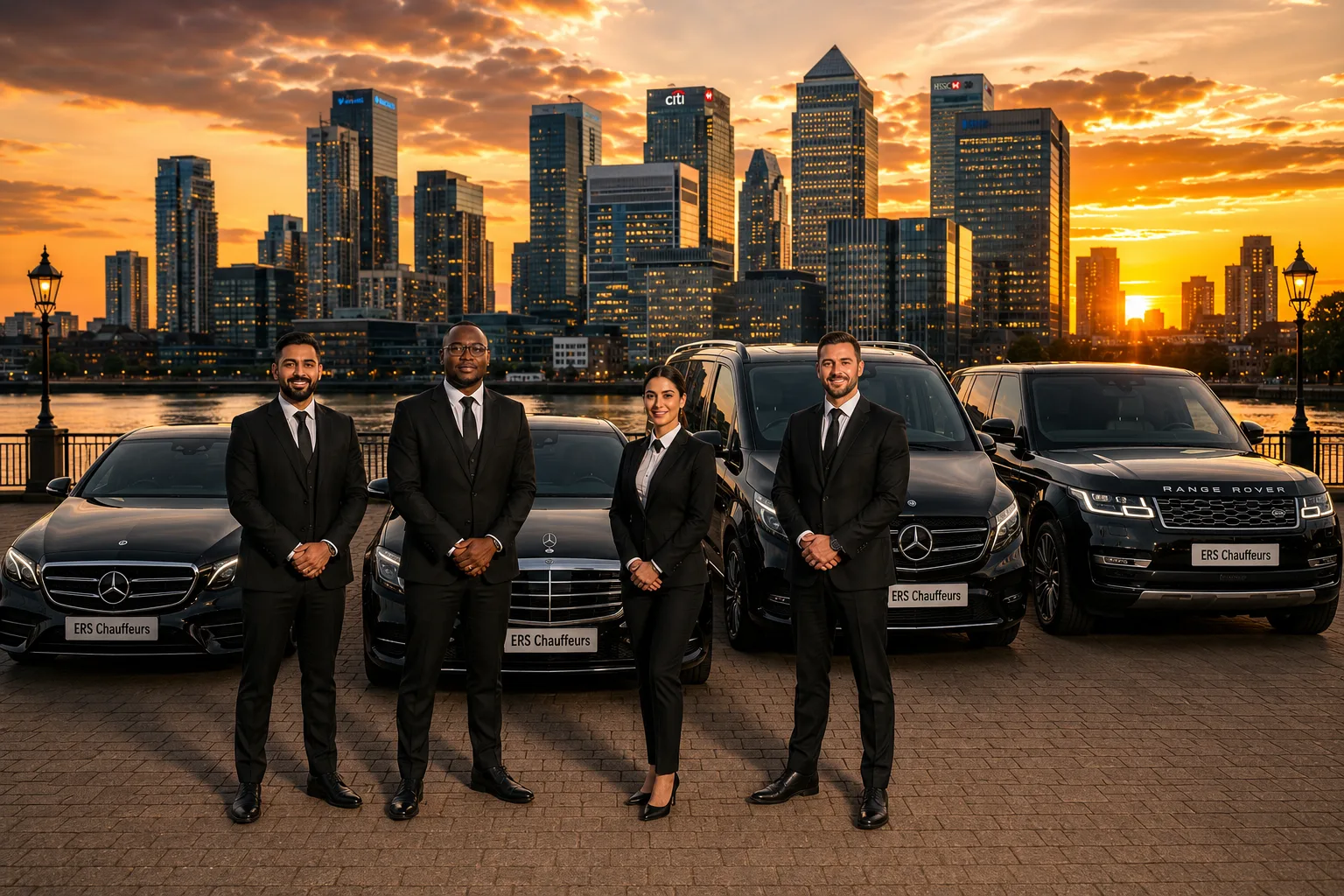 ERS chauffeurs standing with an executive vehicle fleet beside the London skyline